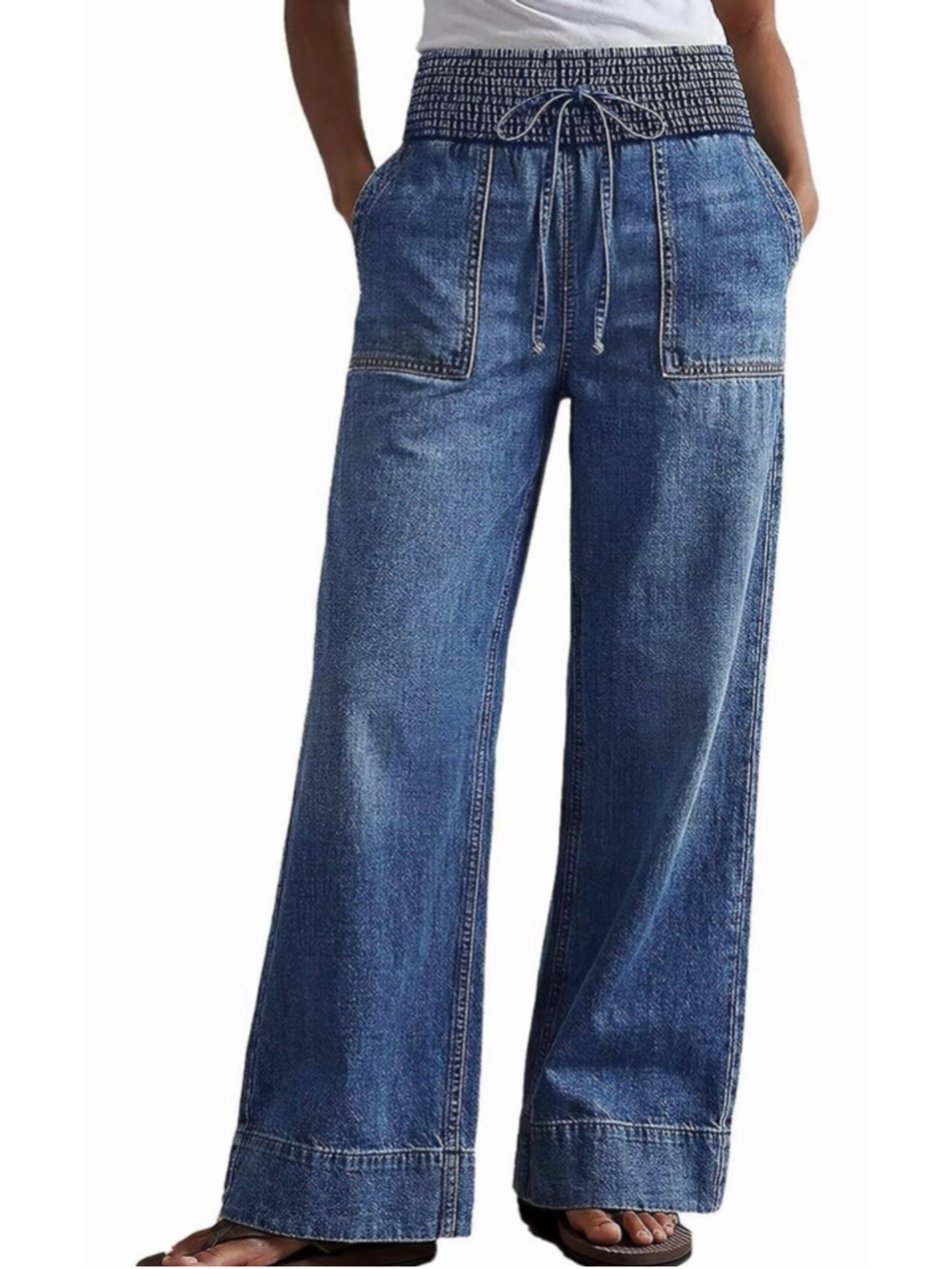 Flamingals Straight Leg High Rise Jeans Drawstring Shirred Denim Pants S